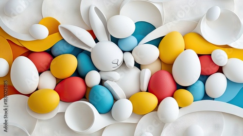 A whimsical Easter-themed composition featuring a white bunny figure surrounded by colorful eggs against a white background.