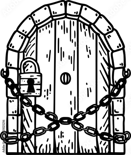 Old wooden door locked with padlock and heavy chains, rustic security and privacy barrier illustration