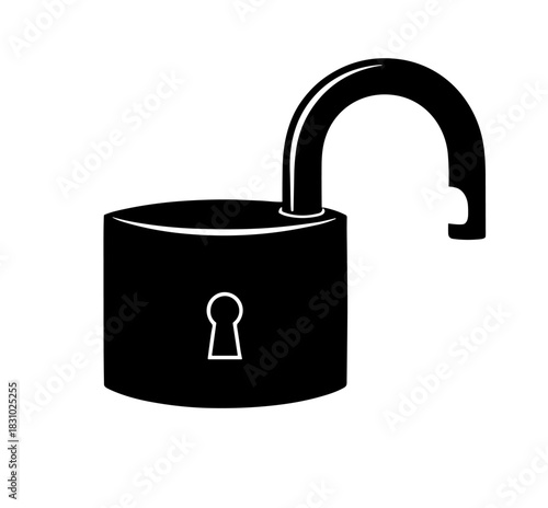 Simple unlocked padlock in bold black, representing security freedom and access, great for security software and peace of mind concepts