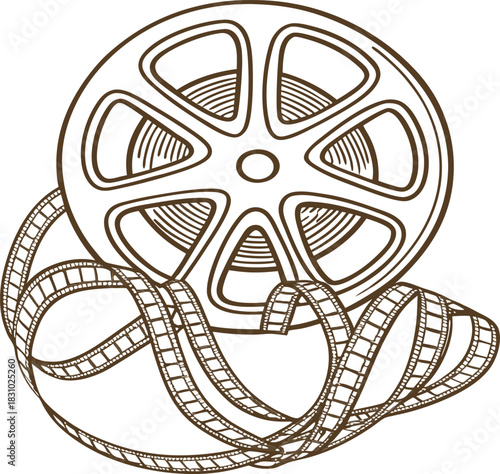 Film reel with unwound cinema strip vintage analog movie tape illustration, entertainment and nostalgia concept