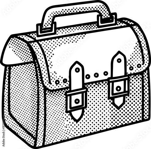 Vintage leather satchel bag with handle and buckles in dotted retro engraving illustration