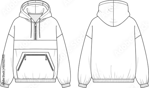 Technical flat sketch of an oversized anorak hoodie featuring a half-zip neckline and large front kangaroo pocket