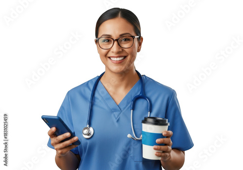Smiling nurse in blue scrubs holding a phone and coffee isolated on transparent background