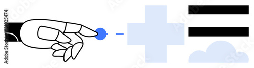 Robotic hand touching blue dot, plus sign, and cloud with equal bars. Ideal for innovation, AI, future tech, cloud computing, digital transformation connectivity teamwork. Simple flat metaphor