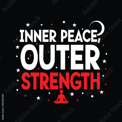 White letters spell inner peace, outer strength over meditating red figure, stars appear