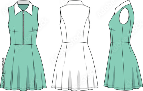Technical Flat Vector Illustration of Sleeveless Collared Dress with Front Zipper and Flared Skirt, Three Views