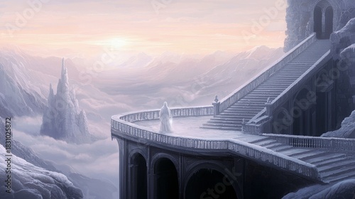 A figure stands on a balcony overlooking a vast mountain range shrouded in mist, with a castle in the distance, illuminated by the soft light of a sunset.