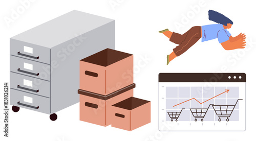 Filing cabinet, cardboard boxes, shopping cart growth graph, freelancer diving toward goals. Ideal for productivity, organization, online retail, teamwork, ambition goal-setting and innovation