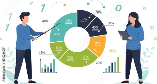 Simple vector illustration of two people analyzing pie chart, teamwork and business data concept