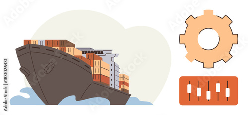 Massive cargo ship loaded with colorful containers, accompanied by a gear and control panel. Ideal for export, shipping, logistics, industry, global trade, transportation business. Simple flat