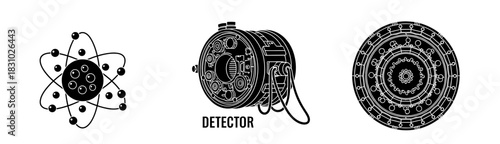 Intriguing black and white science set featuring atom, detector, and mandala shapes for innovative designs and creative projects now