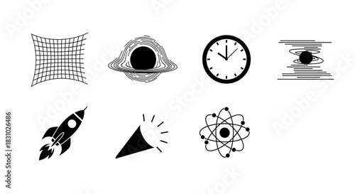 Explore time and space with this modern science icon set, perfect for education, physics, and future technology concepts in sleek black and white