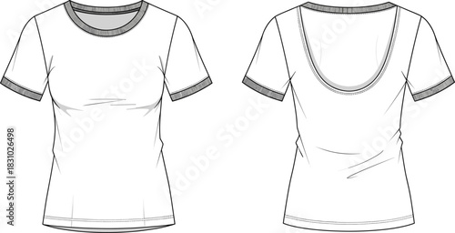 Technical Flat Vector Illustration of Women's Fitted T-Shirt with Deep Scoop Neck Back and Contrast Trim