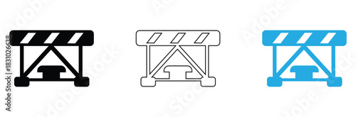 Road construction barrier icons for safety and traffic control, available in black, outline, and blue to mark danger zones and construction areas