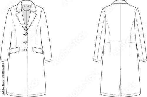 Technical Flat Vector Illustration of Women's Single-Breasted Tailored Coat with Notched Lapels, Front and Back