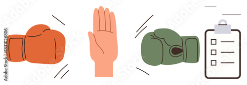Boxing gloves in confrontation, open hand halting tension, and checklist symbolizing resolution and order. Ideal for negotiation, teamwork, goal-setting, discipline, leadership, self-control simple