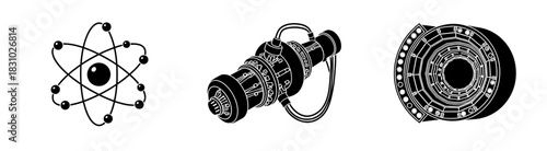 Science icons showing atom model, rotary engine, particle accelerator for technology innovation, modern design, engineering concepts and education