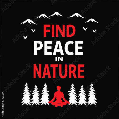 Silhouette of a red person meditating among white trees beneath mountains with a black background