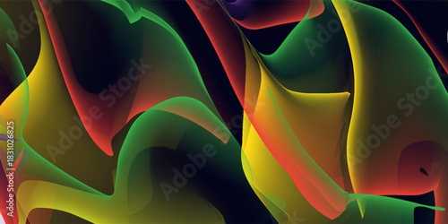 Abstract background features overlapping colorful shapes. Vibrant blue, pink, turquoise create modern design. Minimal text present.