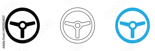 Steering wheel icons in black, outline, and blue for driving safety and control design projects, perfect for automotive and transportation themes