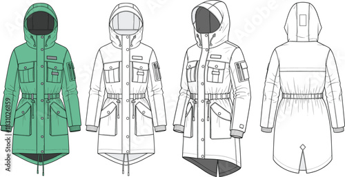 Technical Flat Vector Illustration of Women's Utility Parka Jacket with Hood, Multiple Pockets, and Drawstrings