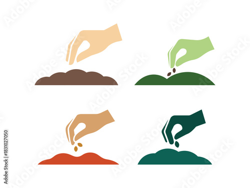 Hand sowing seeds into soil agriculture and gardening flat vector icons set