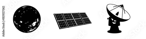 Explore the cosmos with this striking solar panel, planet, and radio telescope set ready for your next space themed project today