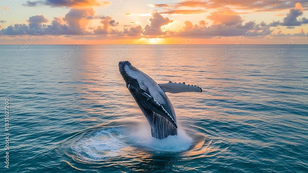 Fototapeta premium “Single dolphin leaping gracefully above calm ocean at sunset, soft peach sky, smooth water surface, detailed marine wildlife moment.” 