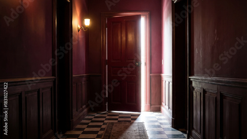 Bright light shines from a slightly open door at the end of a dark, vintage hallway. A mysterious and suspenseful scene with a classic interior.