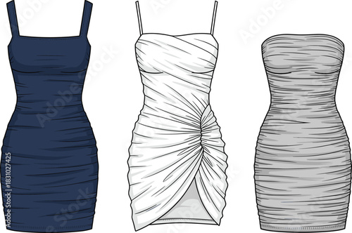 Collection of three technical sketches illustrating different ruched, mini bodycon dresses with strap and strapless variations