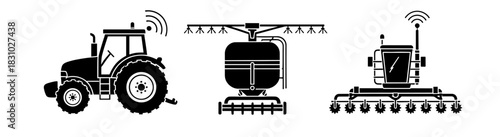 Modern smart farm equipment, tractors and irrigation system icon set for advanced agriculture and farming operations with high tech automation