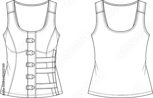 Detailed technical flat sketch of a women's structured tank top or vest with front buckles and straps