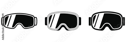 Skiing glasses icon set, winter sport in clean minimalist vector illustration style, featuring protective snow goggles and cold-weather gear elements, ideal for outdoor adventure, winter sport