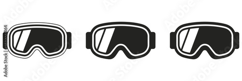 Skiing glasses icon set, winter sport in clean minimalist vector illustration style, featuring protective snow goggles and cold-weather gear elements, ideal for outdoor adventure, winter sport