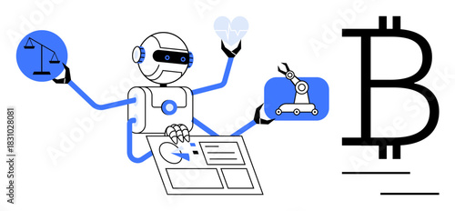 Humanoid robot multitasking with law scales, heart, robotics, data, and Bitcoin, symbolizing balance, automation, finance and AI integration. Ideal for technology law ethics fintech robotics