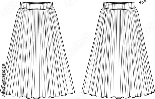 Technical fashion sketch of a women's midi skirt with all-over accordion pleats and an elasticated waistband