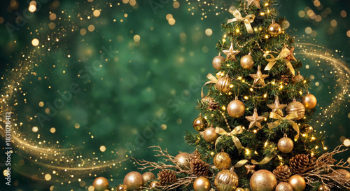 Christmas tree decorating festive holiday background with golden ornaments