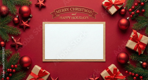 Christmas holiday flat lay with blank greeting card frame