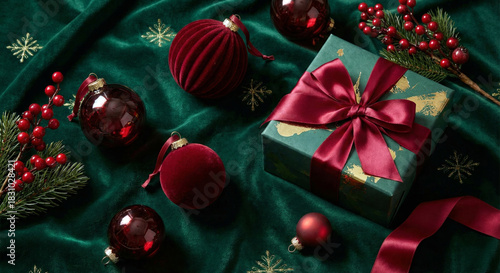 Christmas gift and red ornaments on green velvet fabric