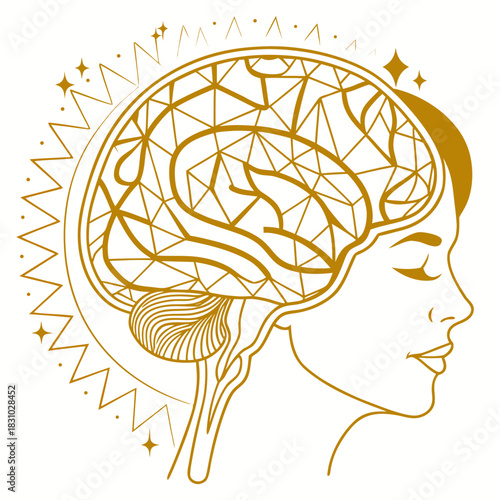 Stylized golden outline of a woman s profile with a geometric brain and celestial crown symbolizing intellect and enlightenment