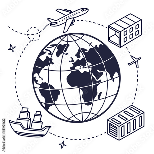 Global shipping and logistics network connecting continents with airplanes ships and cargo containers