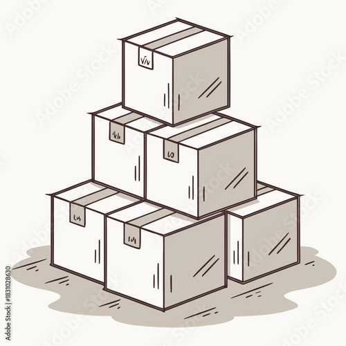Stack of hand drawn cardboard boxes with tape and labels ready for shipping and delivery