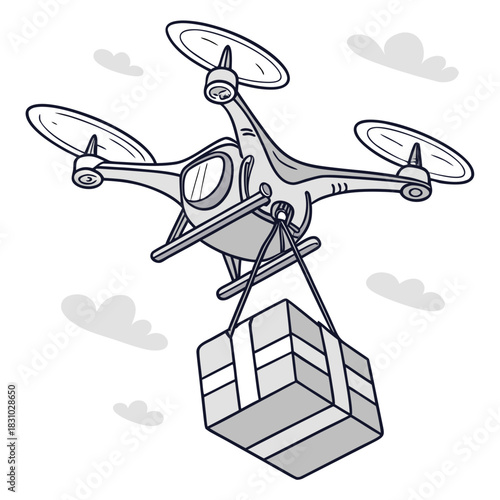 Modern drone delivering a package suspended by ropes against a cloudy sky background