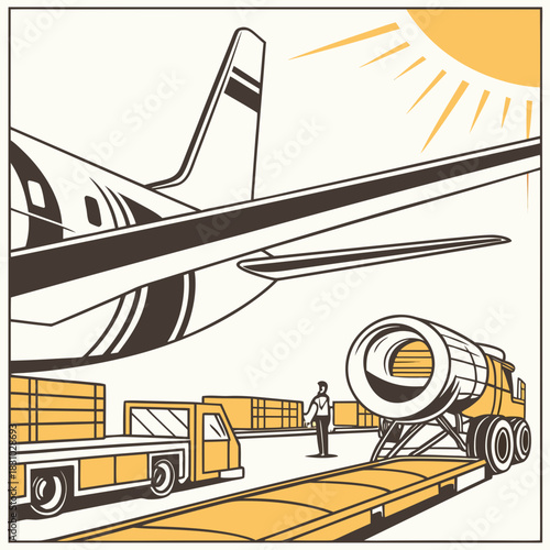 Airplane loading cargo onto trucks and tankers at an airport tarmac under a bright sun