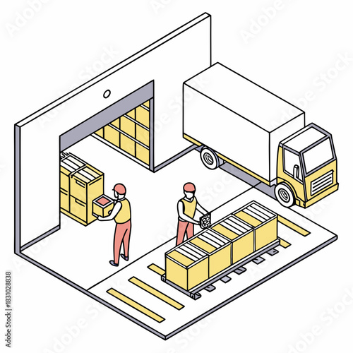 Warehouse workers loading and unloading boxes from a delivery truck and into storage shelves isometric illustration