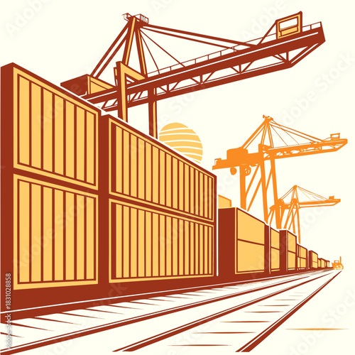 Industrial shipping containers stacked high at a busy port with cranes loading cargo under a stylized sun