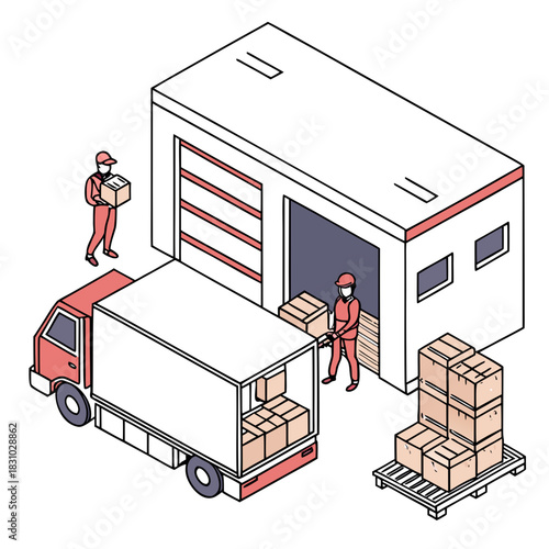 Workers in protective masks loading and unloading boxes from a truck and warehouse