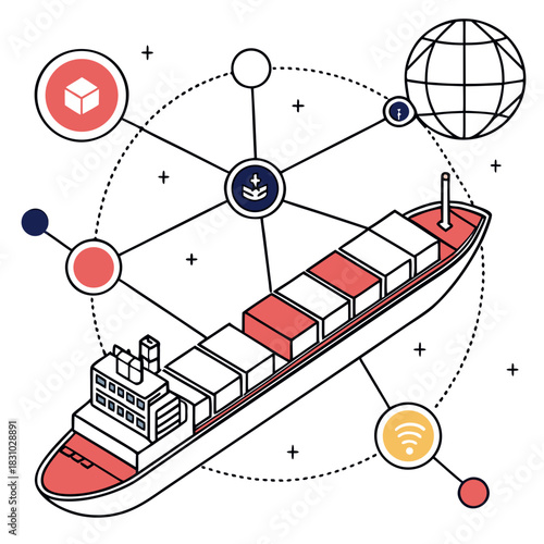 Container ship connected to global network with icons representing logistics and technology