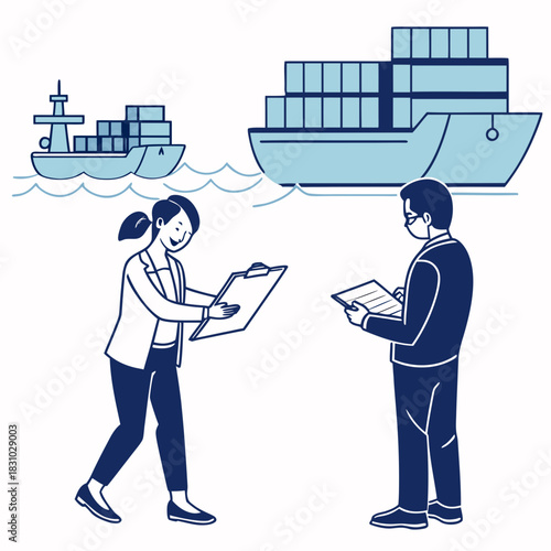 Two business professionals reviewing shipping documents with cargo ships and containers in the background