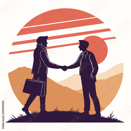 Two businessmen shaking hands in silhouette against a stylized sunset and mountain landscape